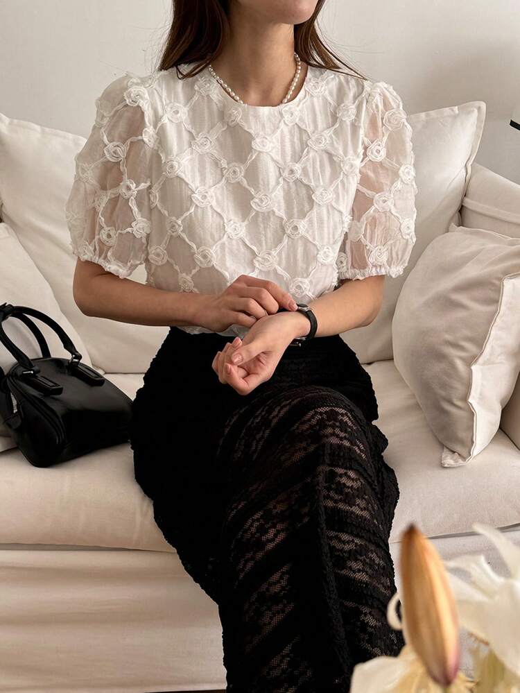 Women's Summer Round Neck Solid Color Rose Texture Casual Loose Blouse, Suitable For Valentine's Day