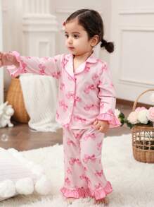 Baby Girls Sweet And Simple Bow Pattern Lapel Buttoned Ruffles Decoration Long Sleeves And Long Pants Comfortable Skin-Friendly Knitted Pajamas Set Two Pieces - Baby Pink - View 6