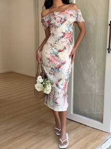 SHEIN Unity Floral Print Off Shoulder Mesh Dress - Pink - View 3