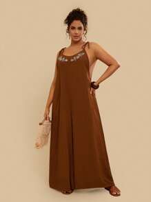 Travachic Plus Size Vintage Embroidered Tie Waist Long Jumpsuit With Pockets, Casual Holiday Style For Women, Spring/Summer - Brown - View 3