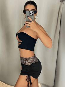SHEIN ICON Pantaloni scurți de vară pentru femei, cu talie joasă, cu imprimeu leopard, cu șnur lateral, casual, pentru ținuta de zi cu zi - Multicolor - Vizualizare 5