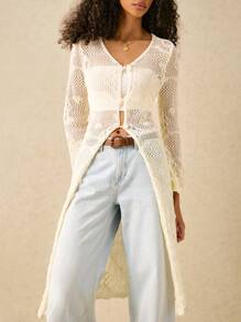 Poéselle Chinese Style Hollow Out Knitted Mid-Length Cardigan - Apricot - View 6