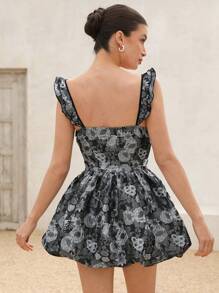 GENKIRA Vestido curto feminino estilo boho, elegante, com textura em blocos de cores, tecido jacquard, mangas esvoaçantes, cintura evasê, estilo boho, férias, estampa floral completa para o verão - Multicolorido - Ver 3