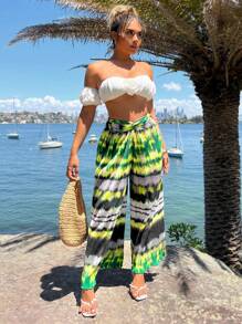 SHEIN SXY Abiti primaverili per donna, elegante look boho tropicale da vacanza, abbigliamento western, pantaloni a vita alta ampi con vita elastica e motivo Tintura a nodi sfumato verde - Multicolore - Visualizzare 4