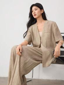 Dazy-Less 2pcs Women's Loose Minimalist Formal Business Suit Set Old Money Style - Khaki - View 1