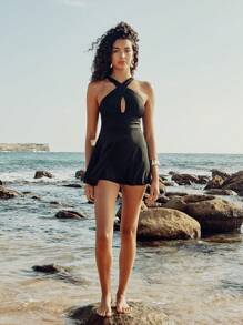 Swim Lushoire 款式纯色交叉后背荷叶边饰边时尚简约女式泳衣裙，波西米亚风设计 - 黑色 - 查看 3