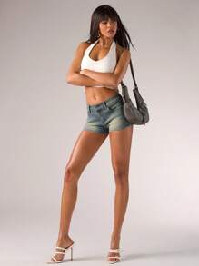 SHEIN BAE Women's Front Button Pocket Simple Denim Shorts, Casual Everyday Jeans Shorts Jean Shorts Summer Outfits For Women Vacation Outfits Woman Beach Outfits For Woman 90s Clothes Business Casual Woman Western Wear Women Jorts Fashion Women Spring Outfits For Women, Night Out, Streetwear