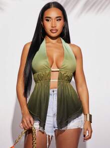 SHEIN SXY 绿色渐变性感露背荷叶边下摆女式背心 - 彩色 - 查看 5