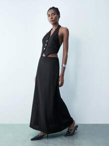 Maija 女式 V 领修身腰部西装背心和长裙，现代都市百搭春夏商务休闲装，黑色两件套 - 黑色 - 查看 1