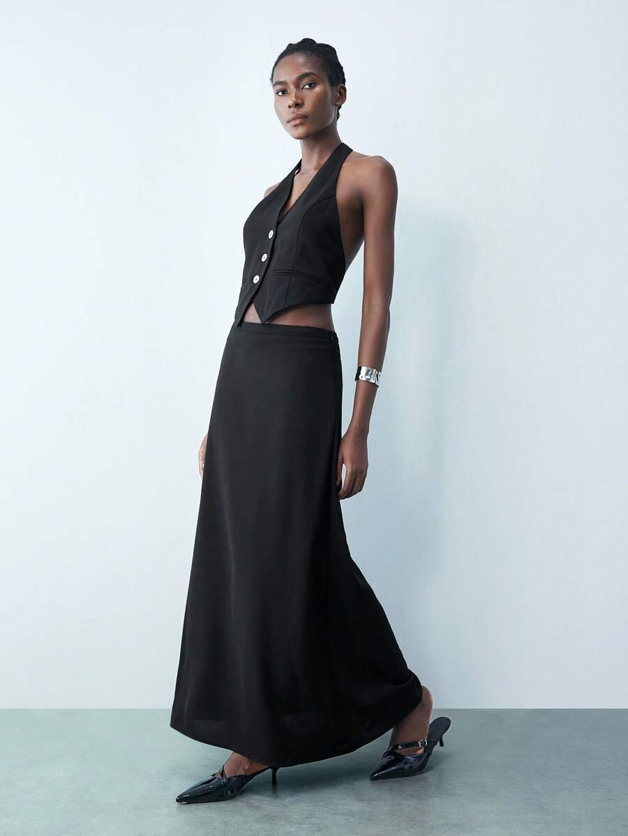 Maija 女式 V 领修身腰部西装背心和长裙，现代都市百搭春夏商务休闲装，黑色两件套 - 黑色 - 查看 1
