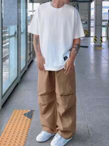 SHEIN 2pcs Teen Boys Casual White Short Sleeve T-Shirt & Khaki Cargo Pants Set, Street Style, Punk, Rock, School/Daily Outfit, Spring/Summer