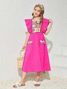 SHEIN Leap Crew Tween Girl Floral Print Ruffle Trim Pocket Patched Dress - Hot Pink - View 3