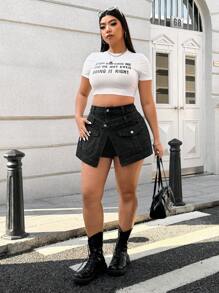 SHEIN EZwear Plus Size Denim Shorts Simple And Stylish Casual Everyday - Black - View 5