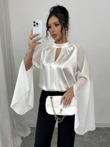 Elenzga Camisa de cuello redondo casual con diseño de patchwork, moda minimalista para uso diario - Albaricoque - Ver 4
