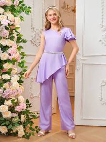 Teenagers Solid Color Design Elegant Flared Jumpsuit - Mauve Purple - View 5