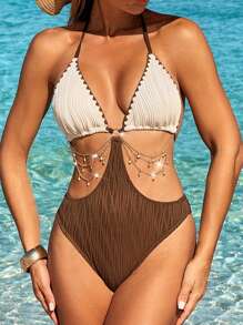 Swim Vcay Springbreak Women Beachwear Summer Beach Vacation Outfits, New Contrasting Textured Fabric Fashion Hollow Chain Decor Sexy One-Piece Swimsuit, Boho Festival