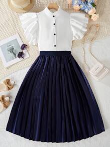 2 pièces Ensemble chemise à manches courtes avec volant blanc et jupe plissée pour pré-adolescentes, tenue décontractée/bureau, printemps/été