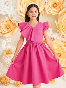 SHEIN Vestido informal para niñas preadolescentes con mangas de vuelo, recorte de volantes asimétrico y elegante - Rosa Fucsia - Ver 7