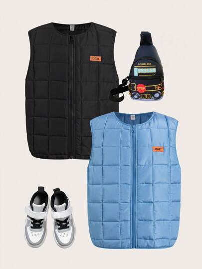 SHEIN 2 件套青少年男童厚保暖拉链背心、冬季外套派克大衣、买 1 送 1、适合通勤、上学、休闲、旅行、运动、秋冬季