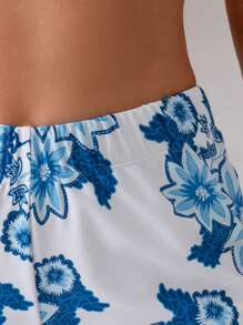 SHEIN Swim Women's Blue Printed Beach Shorts For Vacation