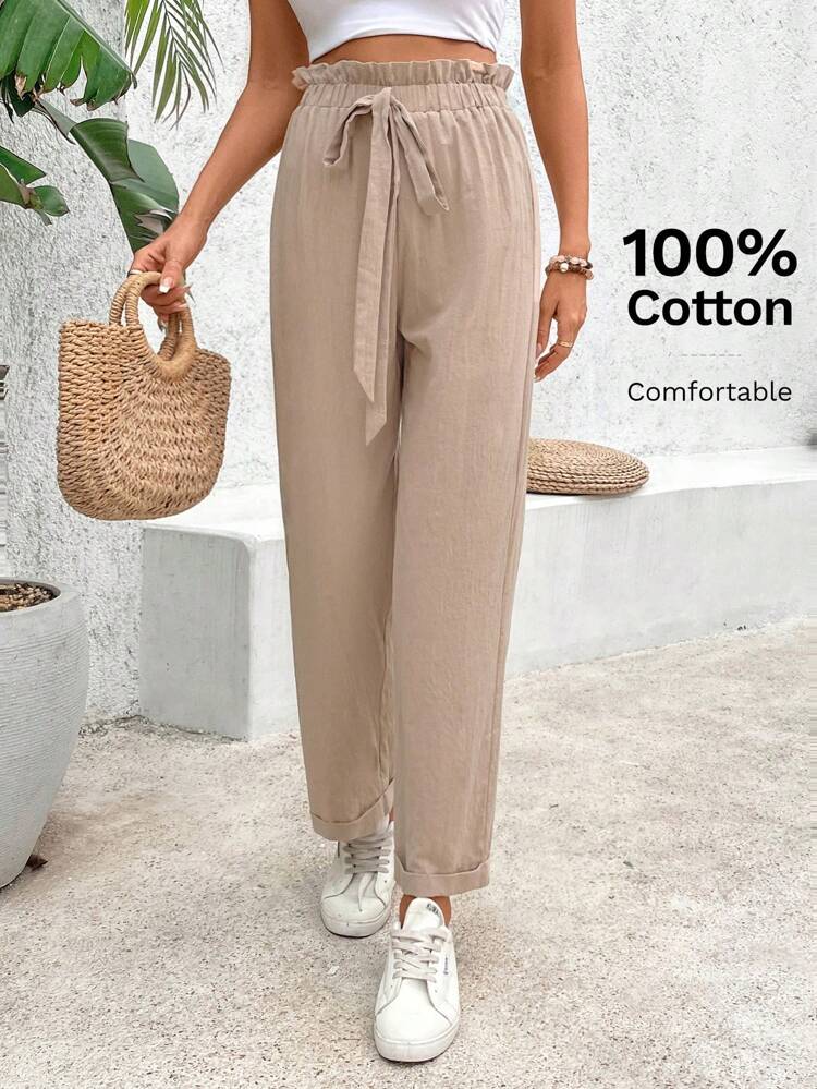 Ladies' Old Money Cotton Solid Color Simple Daily Wear Strap Bow Tie Long Pants Winter Casual
