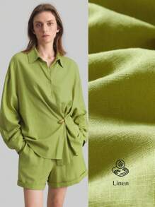 Ontre 2 件女士亚麻绿色宽松蝙蝠袖长袖衬衫和阔腿短裤休闲套装，可拆卸金属纽扣不对称门襟，波西米亚风格，度假节，春夏