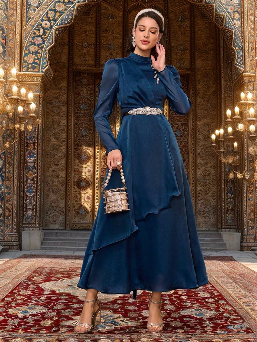 Modelyn Spring Valentine's Day Women's Elegant Arabic Style Rhinestone Decor Stand Collar Lantern Sleeve Dress - Navy Blue - View 1
