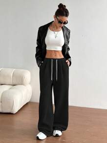 SHEIN Unity Light Grey Casual, Sports, Street, College Plus Fleece, Straight Tube, Low Waist, Insert Pockets, Drawstring, Elastic Waist, Loose Casual, College, Daily, Sports Women's Sweatpants 1 Piece - Black - View 6