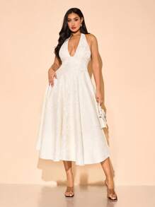 SHEIN BAE 大码女式性感优雅提花露背连衣裙，适合日常穿着、外出、约会、下午茶、度假、春夏季、毕业礼服、女士生日礼服 - 杏色 - 查看 5