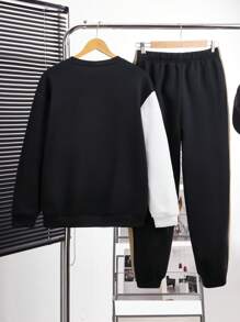 SHEIN Bộ 2 quần nỉ cổ tròn in chữ hình học màu sắc giải trí dành cho bé trai tuổi teen, rộng rãi, thoải mái, ấm áp, thích hợp đi học, ngoài trời, chơi thể thao vào mùa thu và mùa đông - Màu Khaki - Xem 2