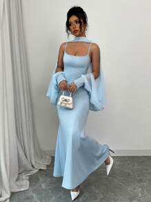 Elenzga 2pcs/Set Figure-Hugging Camisole Dress & Exaggerated Sleeve Top - Blue - View 1