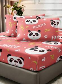 3pcs Pink Cute Panda & Bamboo Pattern Bedding Set (1pc Fitted Sheet + 2pcs Pillowcases, Without Comforter Insert), Modern Adorable Design, Soft & Skin-Friendly, Polyester, Breathable For All Seasons, Home Decor - Multicolor - View 2