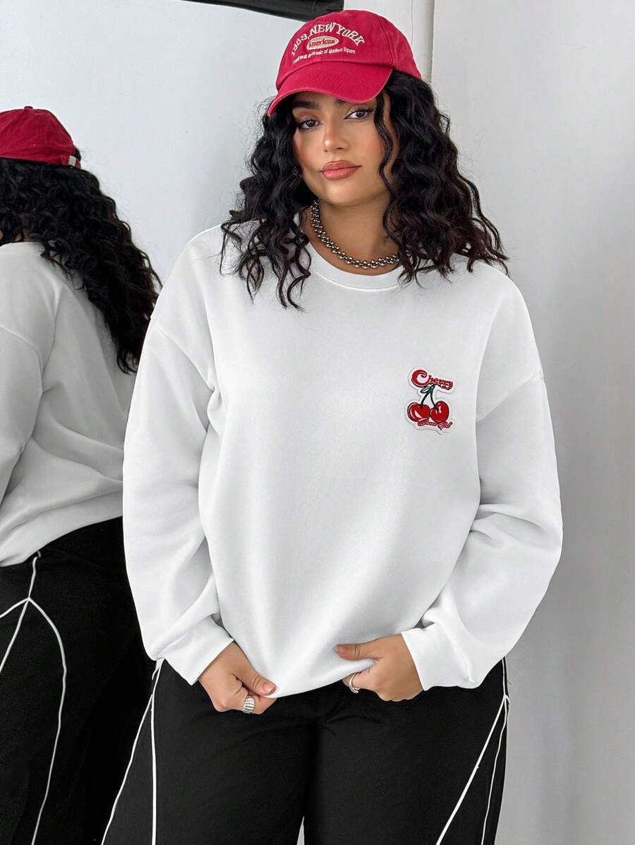 SHEIN EZwear Cherry Letter Embroidered Simple Printed Crew Neck Thick Sweatshirt For Plus Size Women, Autumn/Winter