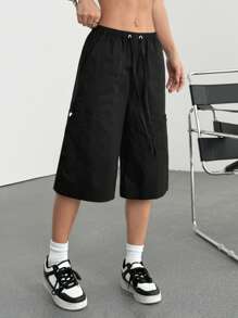 SHEIN EZwear Casual All-Match Black Drawstring Waist Cargo Pants - Black - View 4