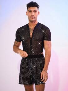 FeverCity Men's Sheer Mesh Jumpsuit & Overalls - Black - View 2