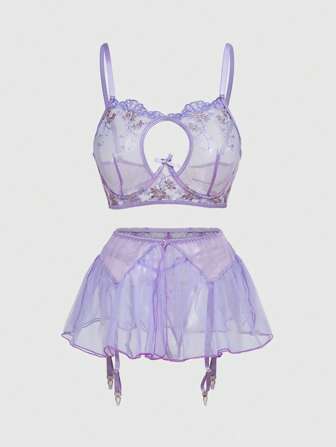 Fairycore Conjunto de 3 piezas de ropa interior sexy y romántica para mujer con corpiño con aros, bordado exquisito y lazo hueco