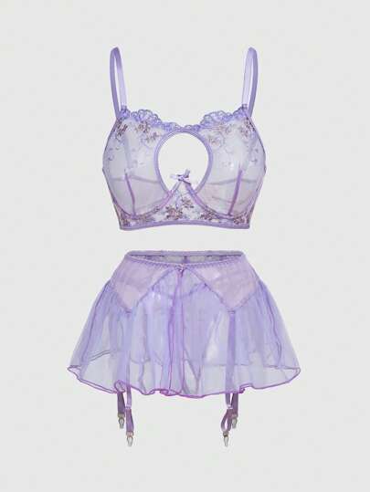 Fairycore Sweetheart Romantic Exquisite Embroidery Women's Sexy Underwire Hollow Bow Underwear 3-Piece Set