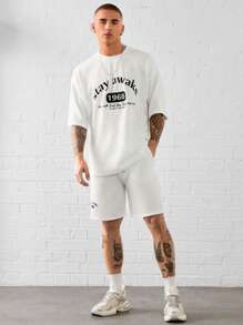 Manfinity VCAY 2pcs Casual Knit Letter Embroidery Loose Drop Shoulder Tee And Elastic Waist Drawstring Shorts Set, Suitable For Everyday Wear - White - View 3