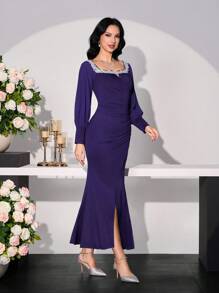 Modelyn Women's Elegant Dress With Lantern Sleeves, Lace Trim & Fishtail Hem - Purple - View 7