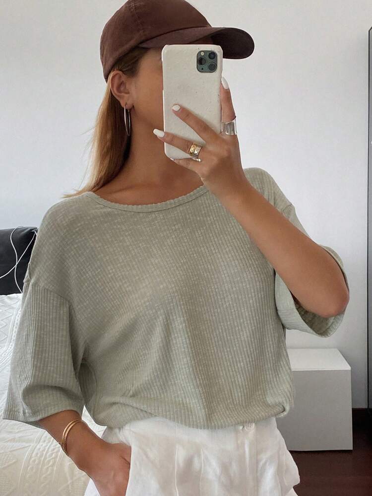 Solid Color Loose Short Sleeve Round Neck Casual Summer Women T-Shirt