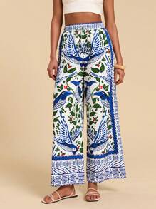 Travachic Tropical Flora And Fauna Printed Women's Wide Leg Pants Blue And White Printed Holiday Style Women's Clothing Summer Dresses For Women Women Maxi Dresses Long Summer Dresses For Women Vacation Women Maxi Dresses Spring Dresses For Women Women Maxi Dresses Dresses For Women Summer Women Maxi Dresses - Multicolor - View 3