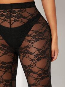 SHEIN SXY 纯黑色性感透明网眼蕾丝 3/4 长度紧身裤，百搭下装，适合日常外出、派对、夜店、夜间约会