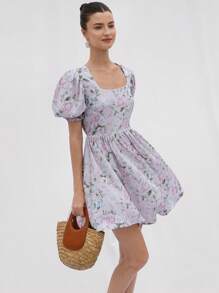 Chiquease Đầm mini nữ dáng chữ A, cổ vuông, tay bồng, tay ngắn, họa tiết hoa oải hương lãng mạn, phong cách Boho, họa tiết in toàn bộ, thích hợp mặc vào mùa hè, xuân, thu, thu đông - Nhiều màu - Xem 5