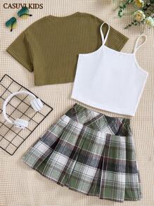 SHEIN Explorewe 适合青春期女孩的三件套女童服装，美式复古简约华夫格罩衫，搭配纯色背心和格子校园裙，三件套适合春夏校园运动、日常旅行和玩耍穿着 - 綠色 - 查看 2