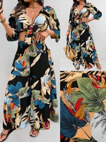 SHEIN Clasi 2pcs Plus Size Women Boho Casual Cropped Plant Print Top And Wide Leg Pants Co-Ord Set, For Summer - Multicolor - View 1