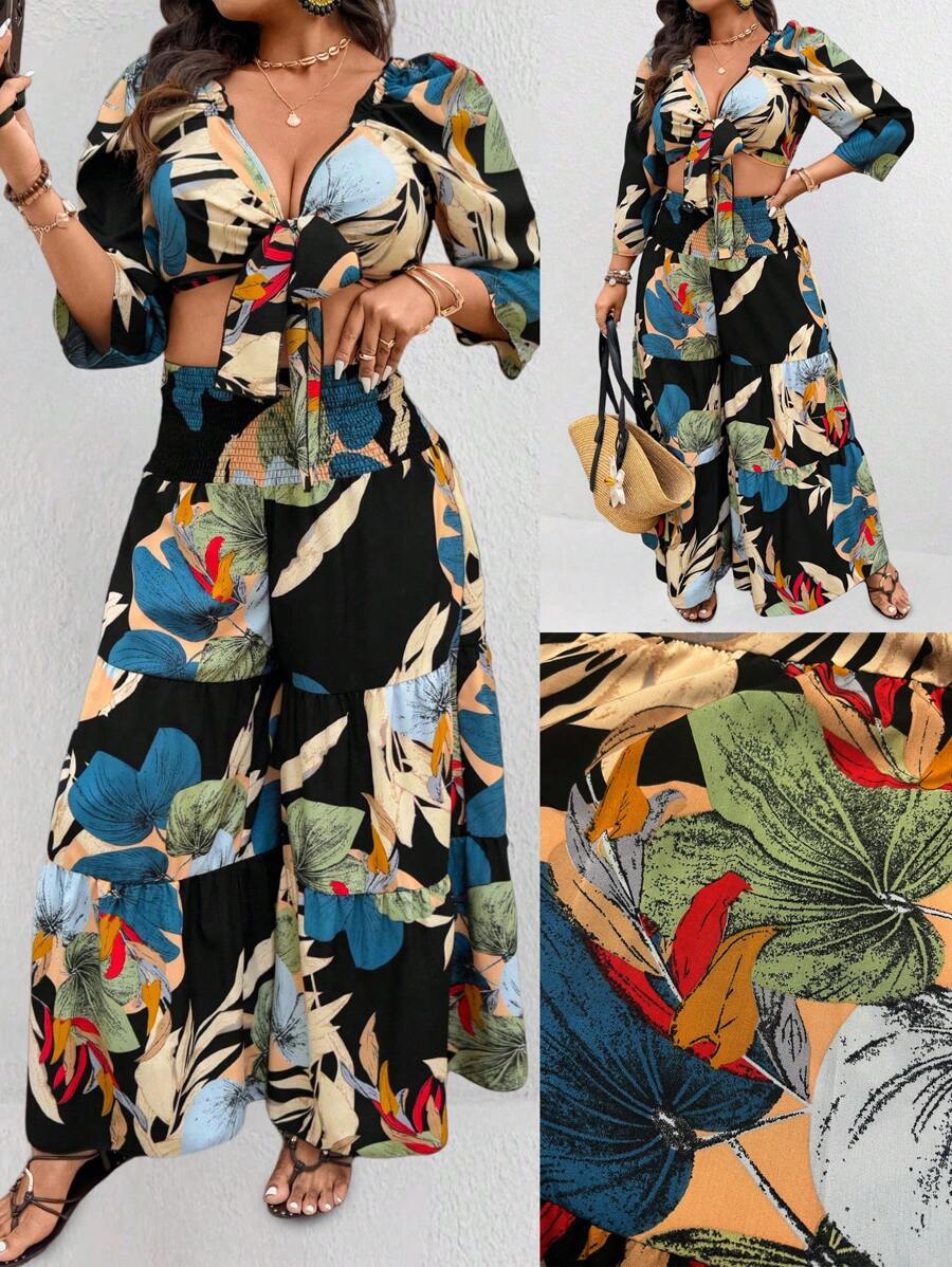 SHEIN Clasi 2pcs Plus Size Women Boho Casual Cropped Plant Print Top And Wide Leg Pants Co-Ord Set, For Summer - Multicolor - View 1