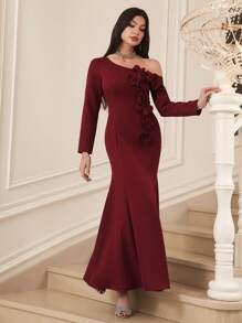 Modelyn Women's Elegant Solid Color Asymmetric Neck 3D Flower Decoration Fishtail Long Dress Women Dresses Birthday - Red - View 8