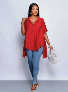 SOLERSUN “女士加大纯色短袖侧开衩侧饰纽扣衬衫上衣长款上衣” - 紅色 - 查看 6