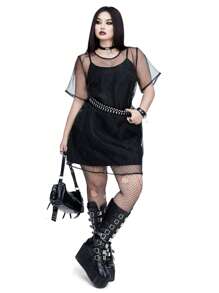Whyspr Vestido informal de dos piezas con combinación de lencería transpirable de organza para talla grande, ideal para festivales musicales