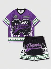 ROMWE MEN Prep Conjunto informal de camiseta de manga corta con cuello en V y estampado de letras y pantalón corto con cordón en la cintura para hombres